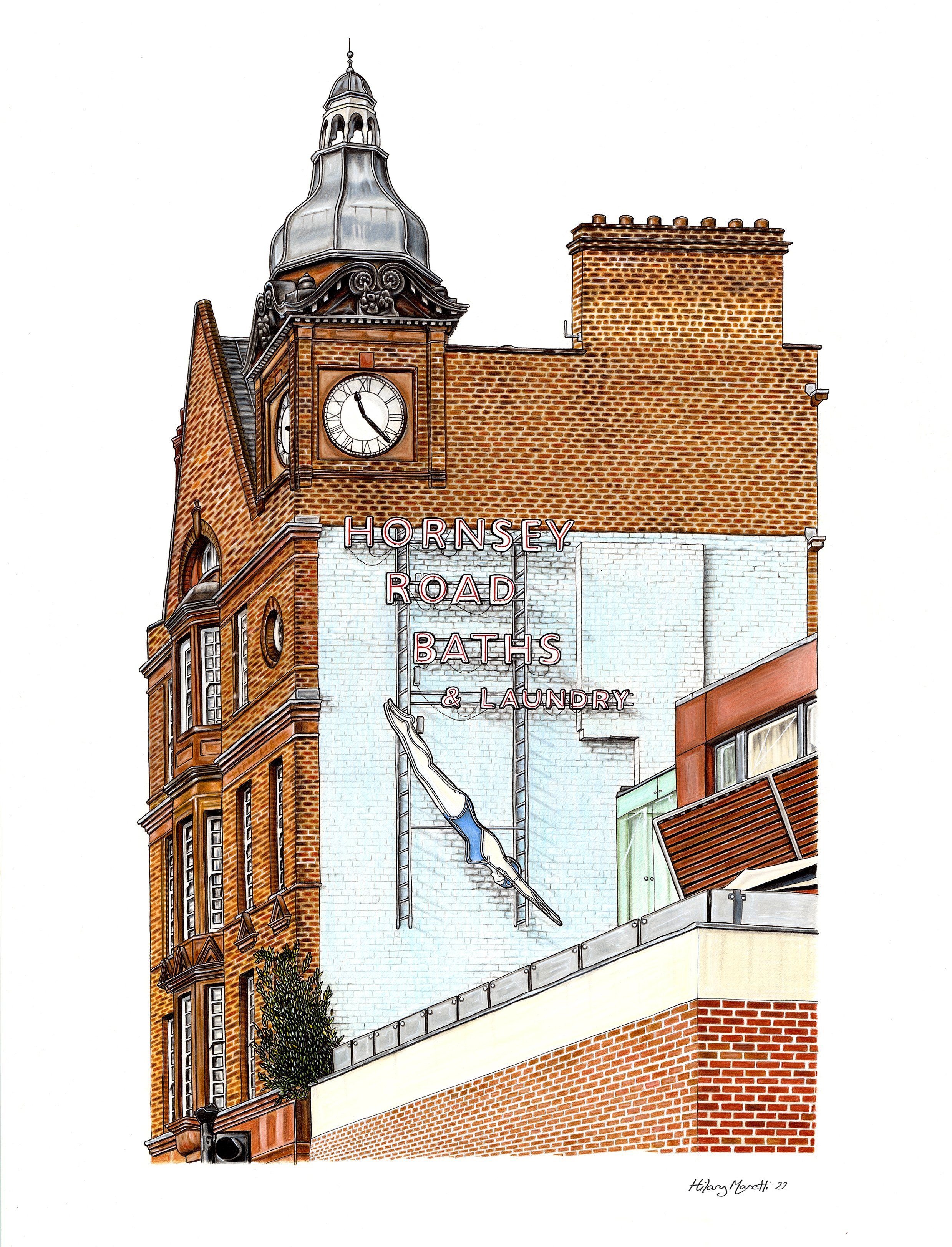 Hornsey Road Baths and Laundry, hand-drawn by Hilary Sketches (artist Hilary Masetti). Giclee prints available to buy at www.hilarysketches.co.uk/shop