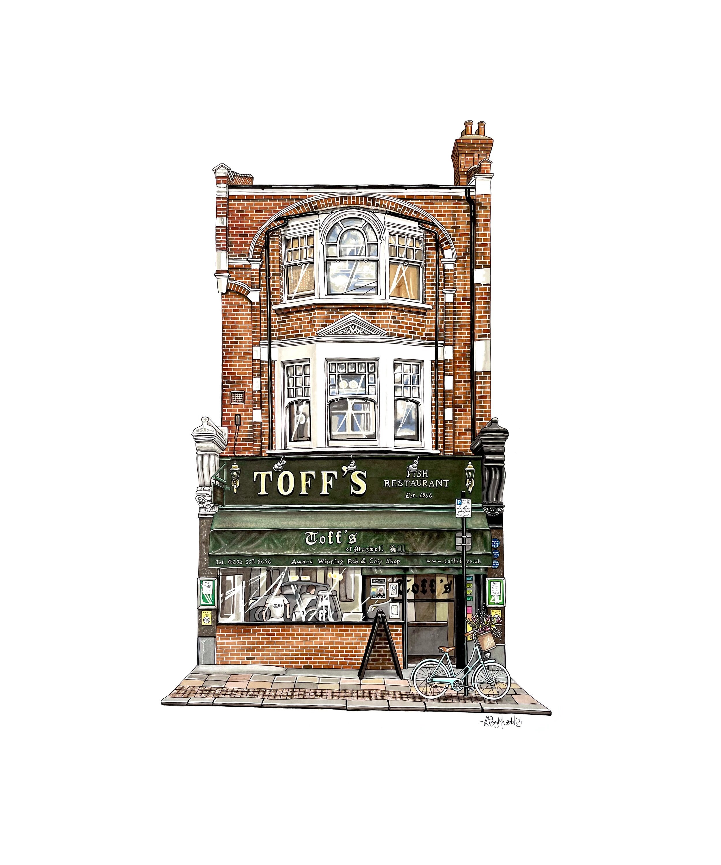 Toffs, Muswell Hill art print by Hilary Sketches (artist Hilary Masetti). This drawing uses ink and promarkers to show off the detail of this much-loved North London fish and chip restaurant