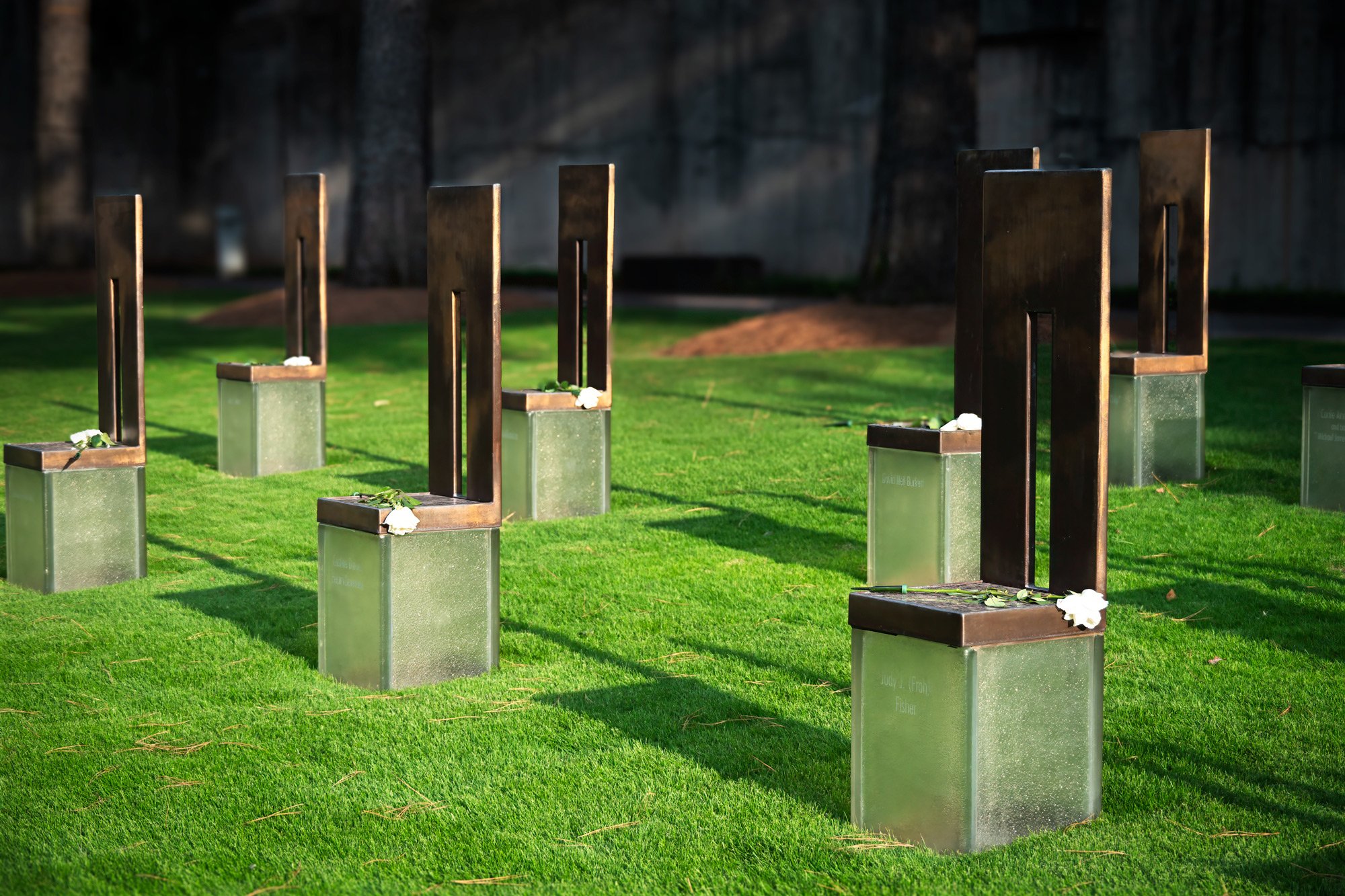 Oklahoma City National Memorial. The site, designed by Hans and Torrey Butzer with Sven Berg, commemorates victims and responders associated with the April 19, 1995 bombing of the Murrah federal building by domestic terrorists. The Field of Empty Cha