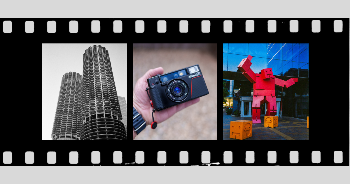 Header Image, Film Strip with black and whte film photo, a digital photo of a Nikon L35AF, and a color film photo