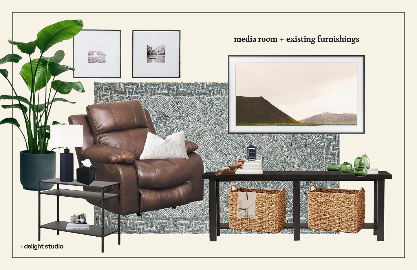 🪞🛋🪑EXISTING FURNITURE 🛏🪴🖼
most of us have it and need to reuse it. Enter: Part 1 of a client&rsquo;s redesign using existing furniture!! 
Pictures: cozy + low lit media room with plenty of end tables between recliners for all the snacks as requ