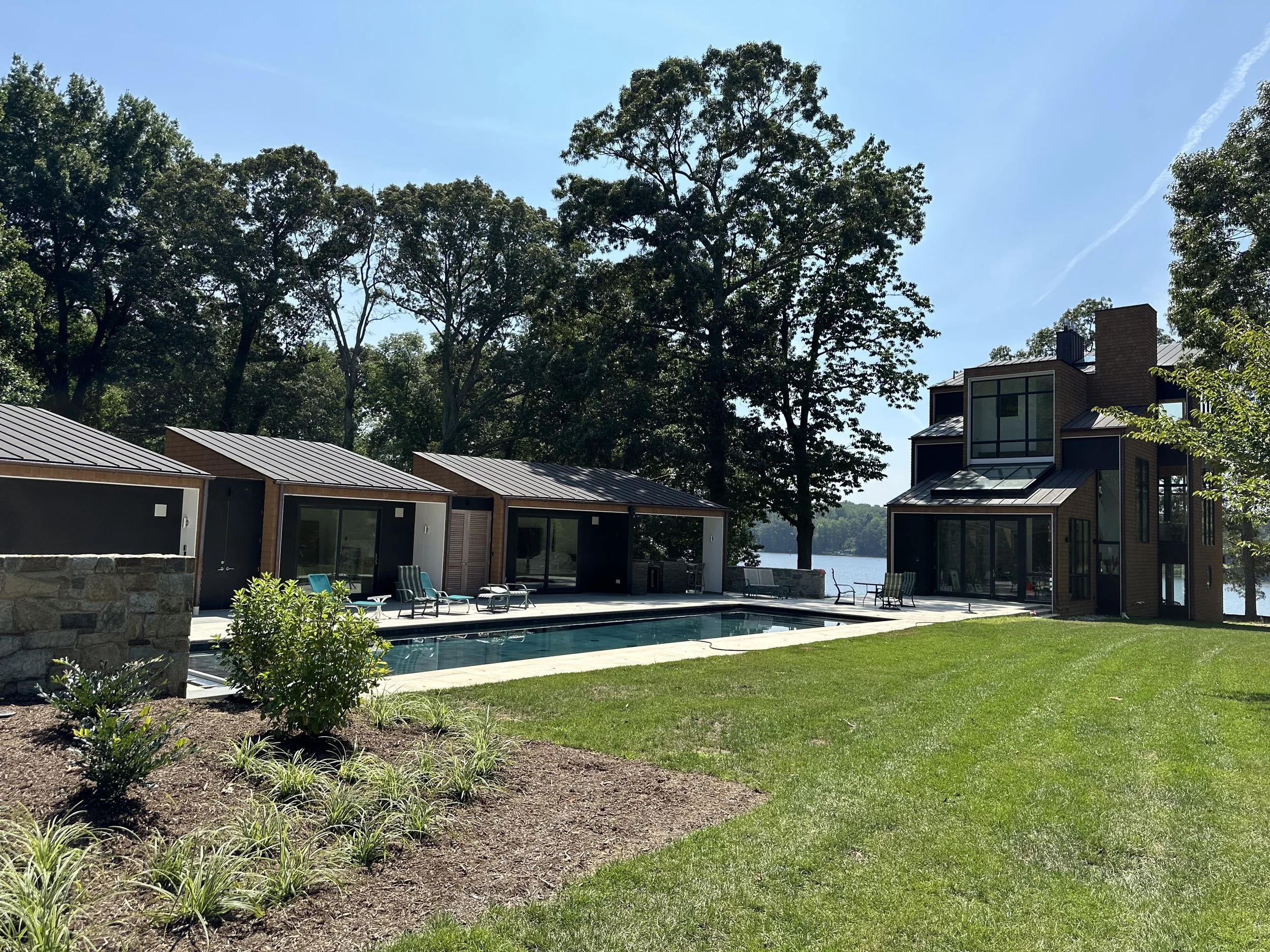 Cavert County House - Street View of Guest Villas and Pool; completed as Principal at McInturff Architects