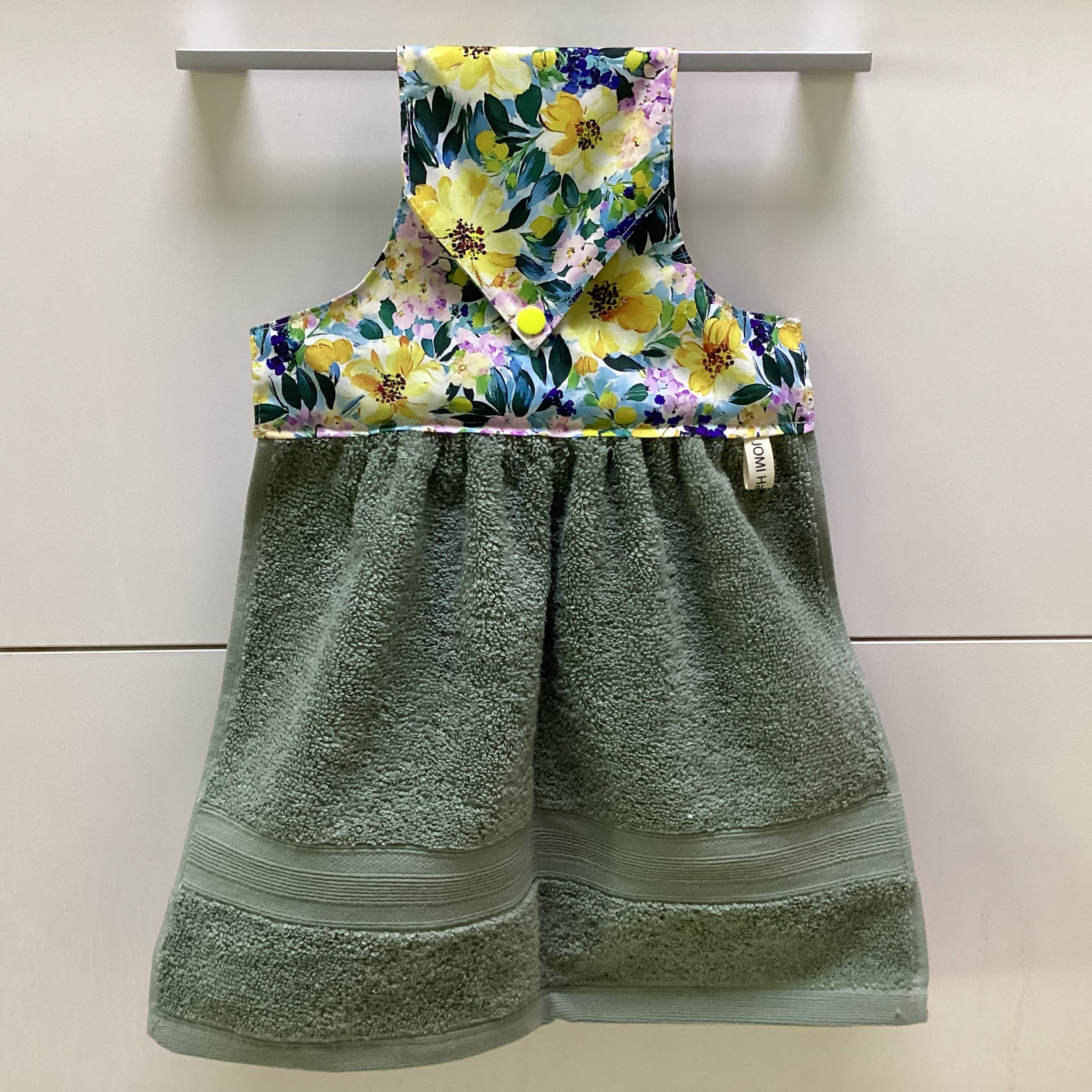 Yellow Floral on Light Green Hanging Hand Towel