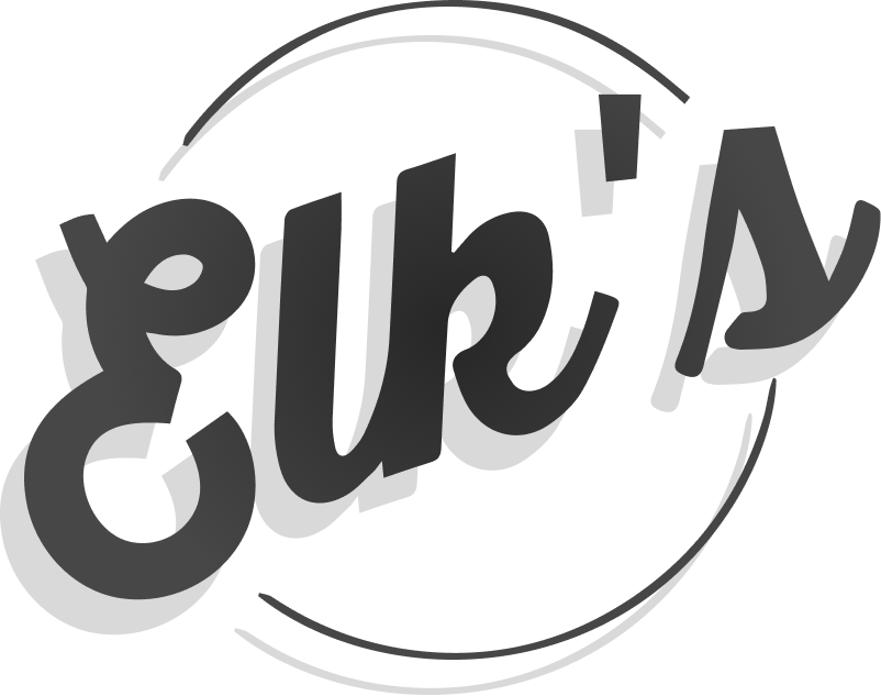 Black and white logo with the word 'Elk's' inside a circular design.