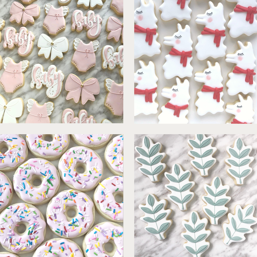 Decorative custom cookies with various designs: baby shower cookies with bows, and the word 'baby'; llama cookies for celebrations; pink frosted donuts with rainbow sprinkles; and green leaf cookies with for parties and events.