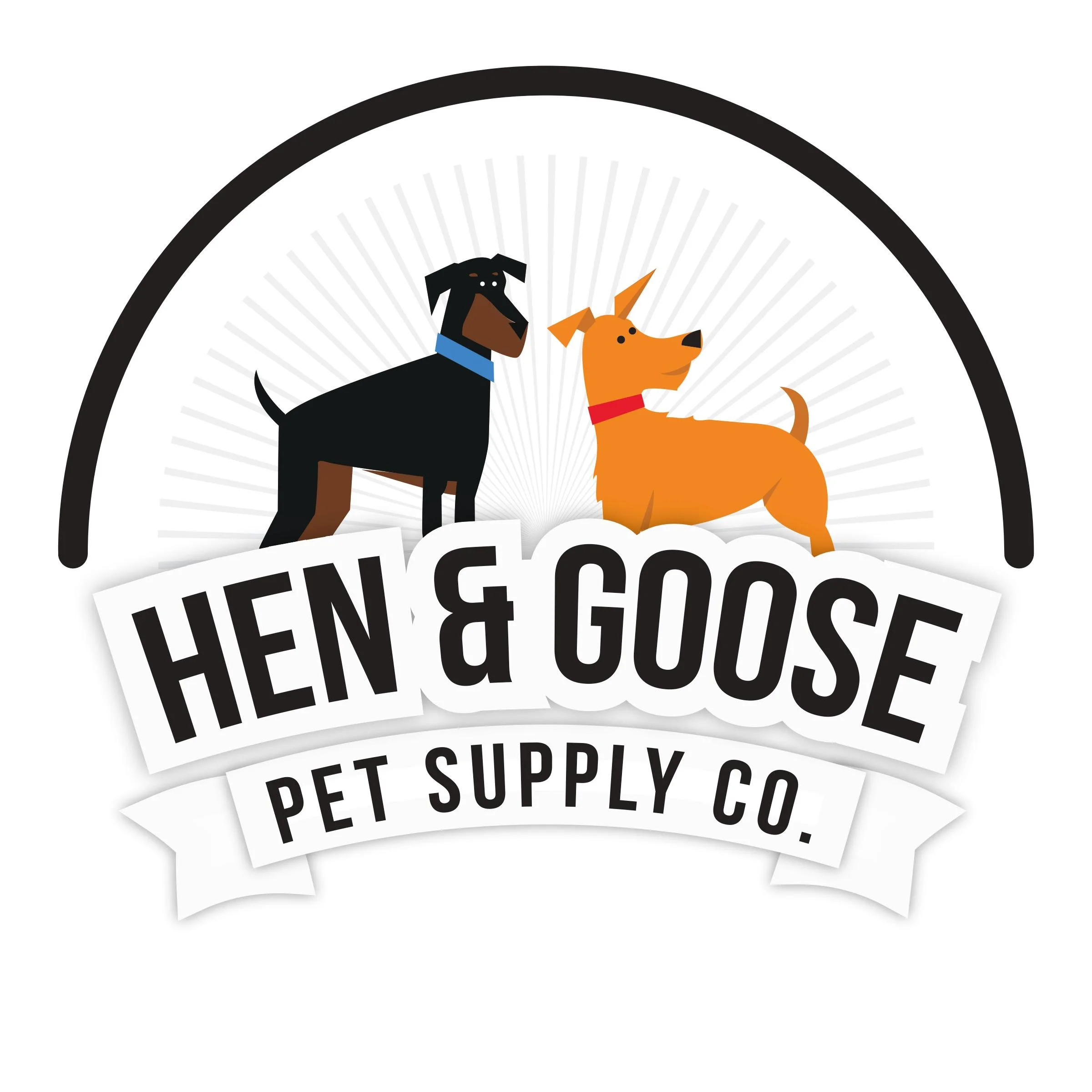 Logo for Hen & Goose Pet Supply Co. featuring cartoon illustrations of a black and tan dog with a blue collar and an orange goose with a red collar, with the company's name in bold black letters.