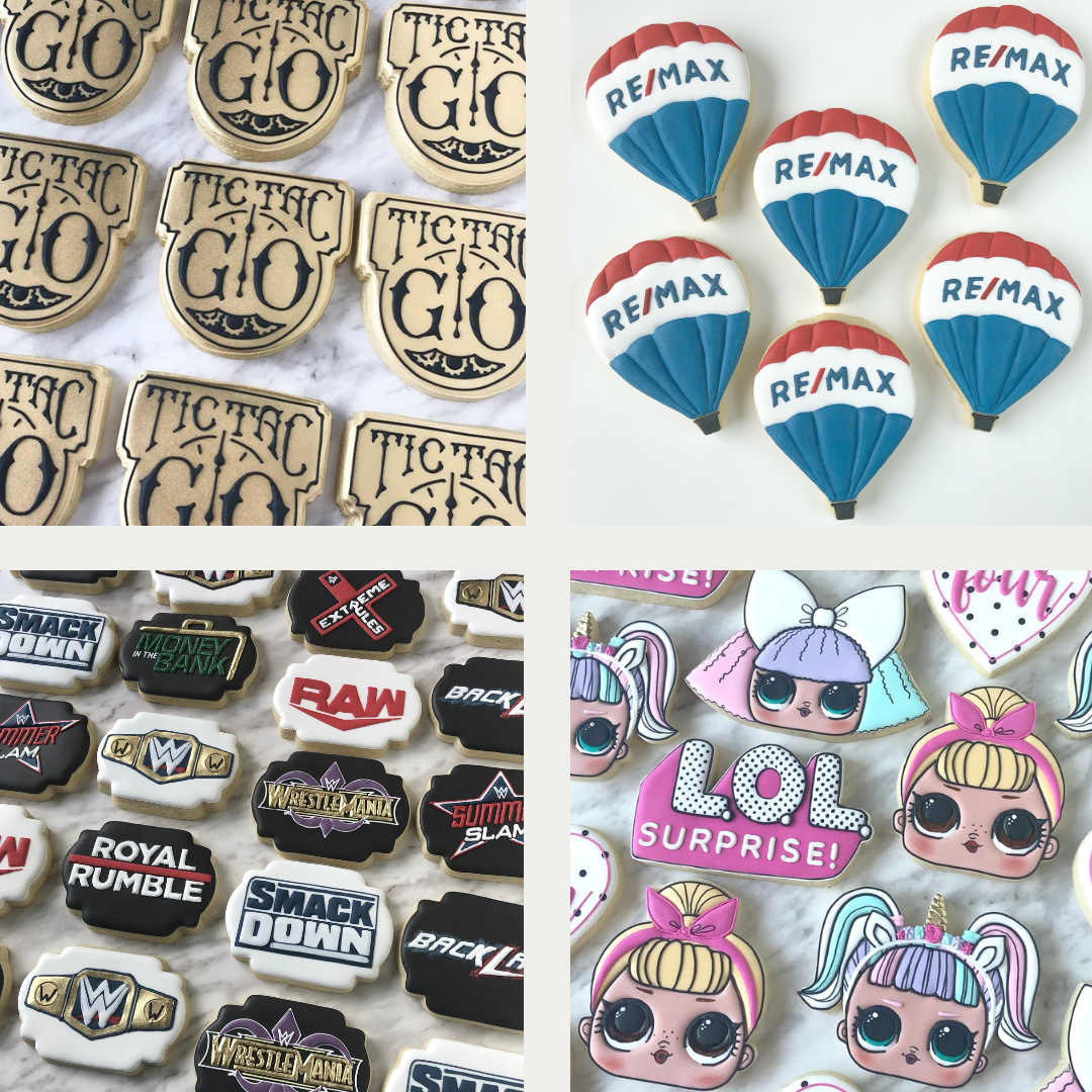 Custom handmade corporate cookies decorated with logos of various companies and brands, including RE/MAX hot air balloons and LOL Surprise dolls for celebrations, company anniversaries, corporate events.