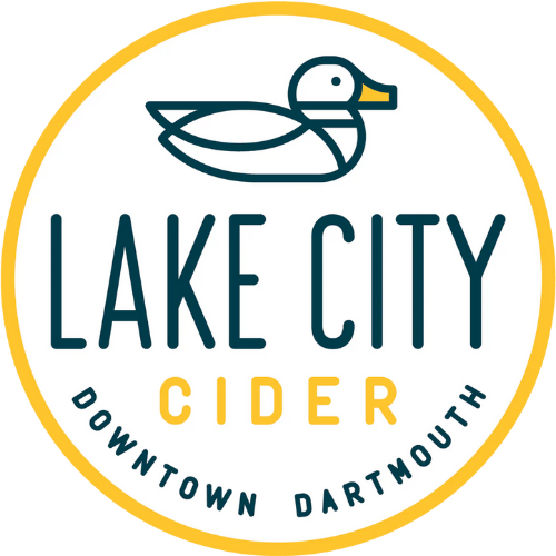 Logo for Lake City Cider featuring a duck illustration and text indicating location in Downtown Dartmouth.