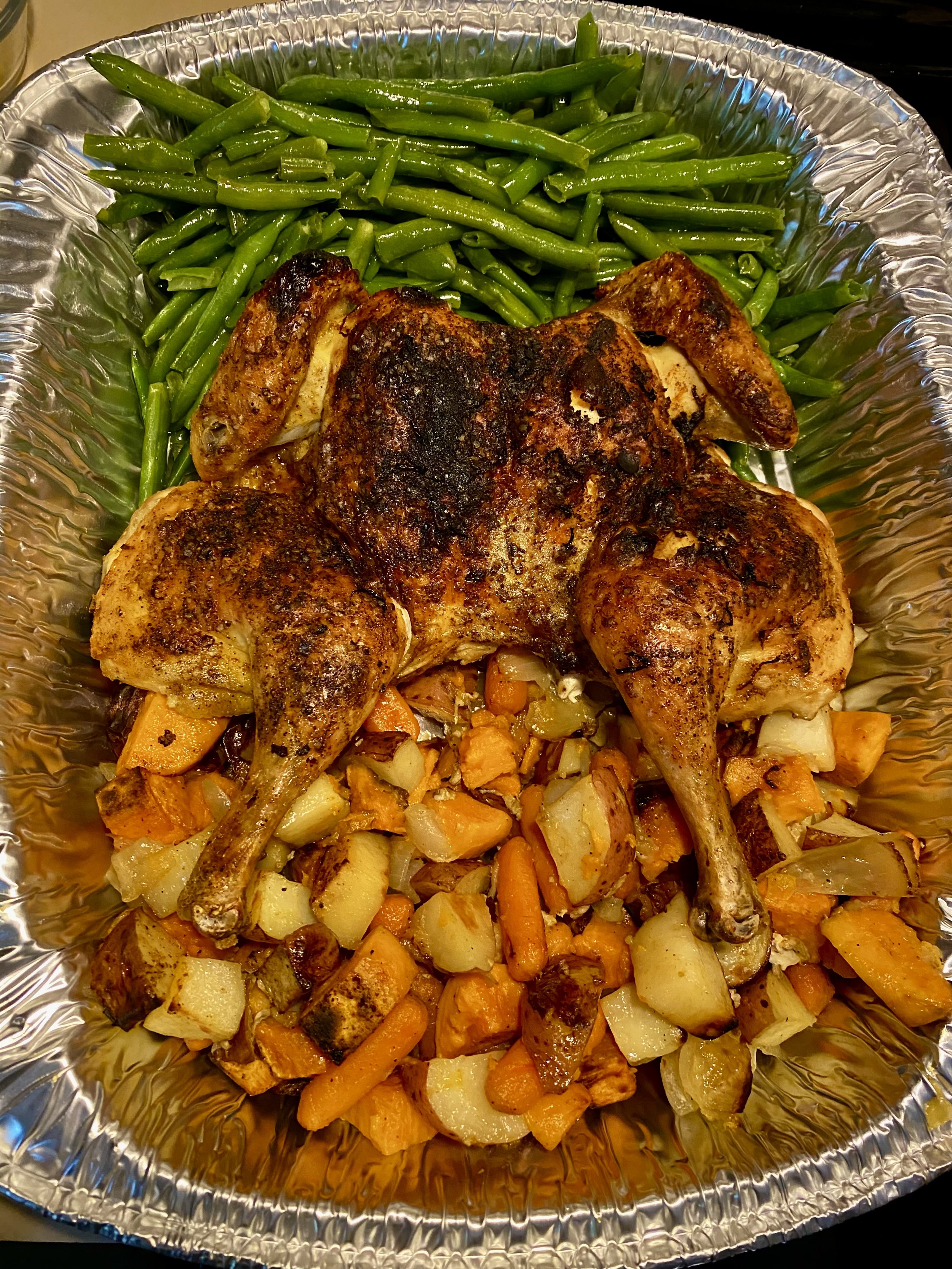 Whole Roasted Chicken Dinner with Haricot Vert and Roasted Root Vegetables