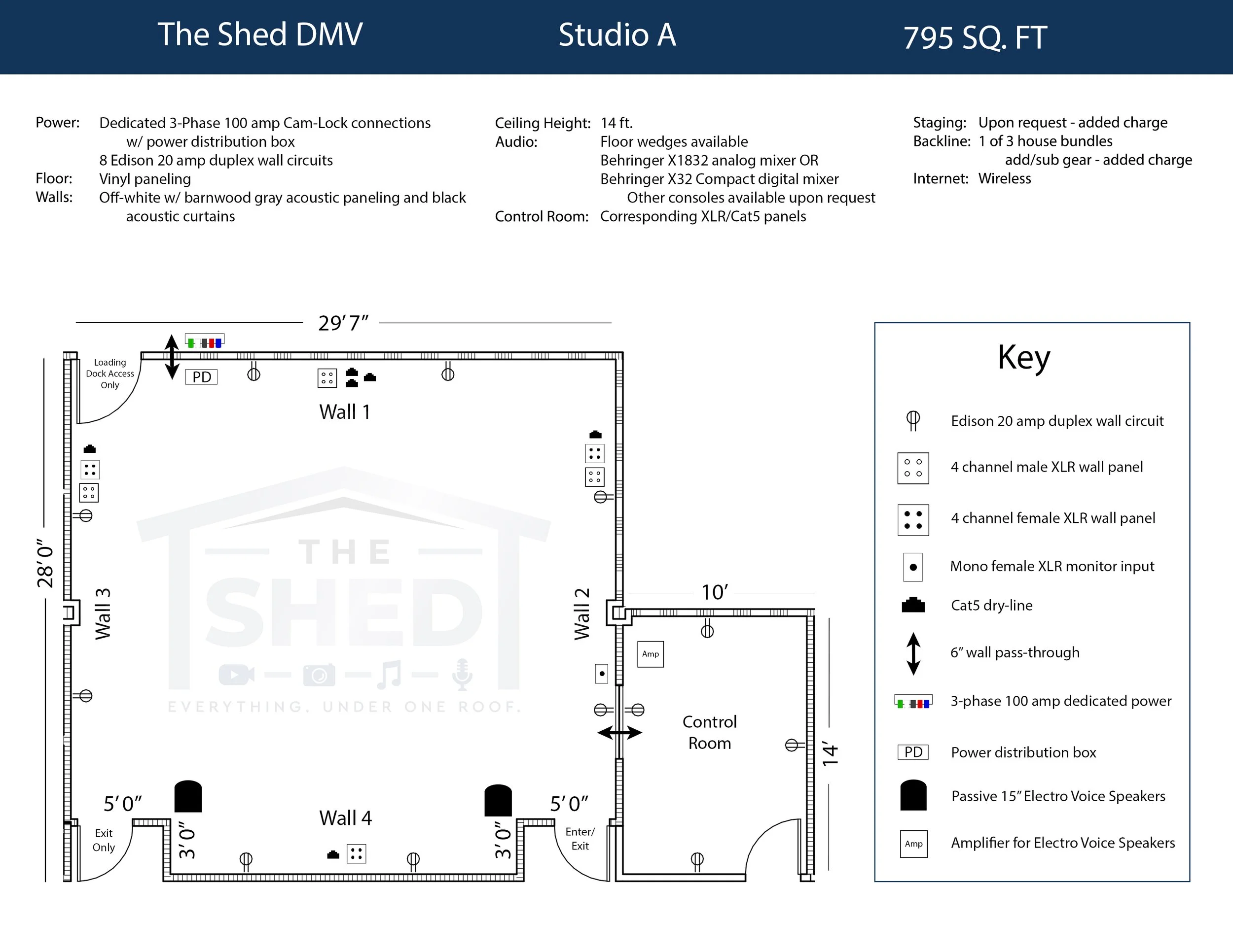 Floor plan layout for The Shed DMV Studio A, 795 square feet, with specifications for power, ceiling height, and sound equipment, including walls, windows, and doorways.