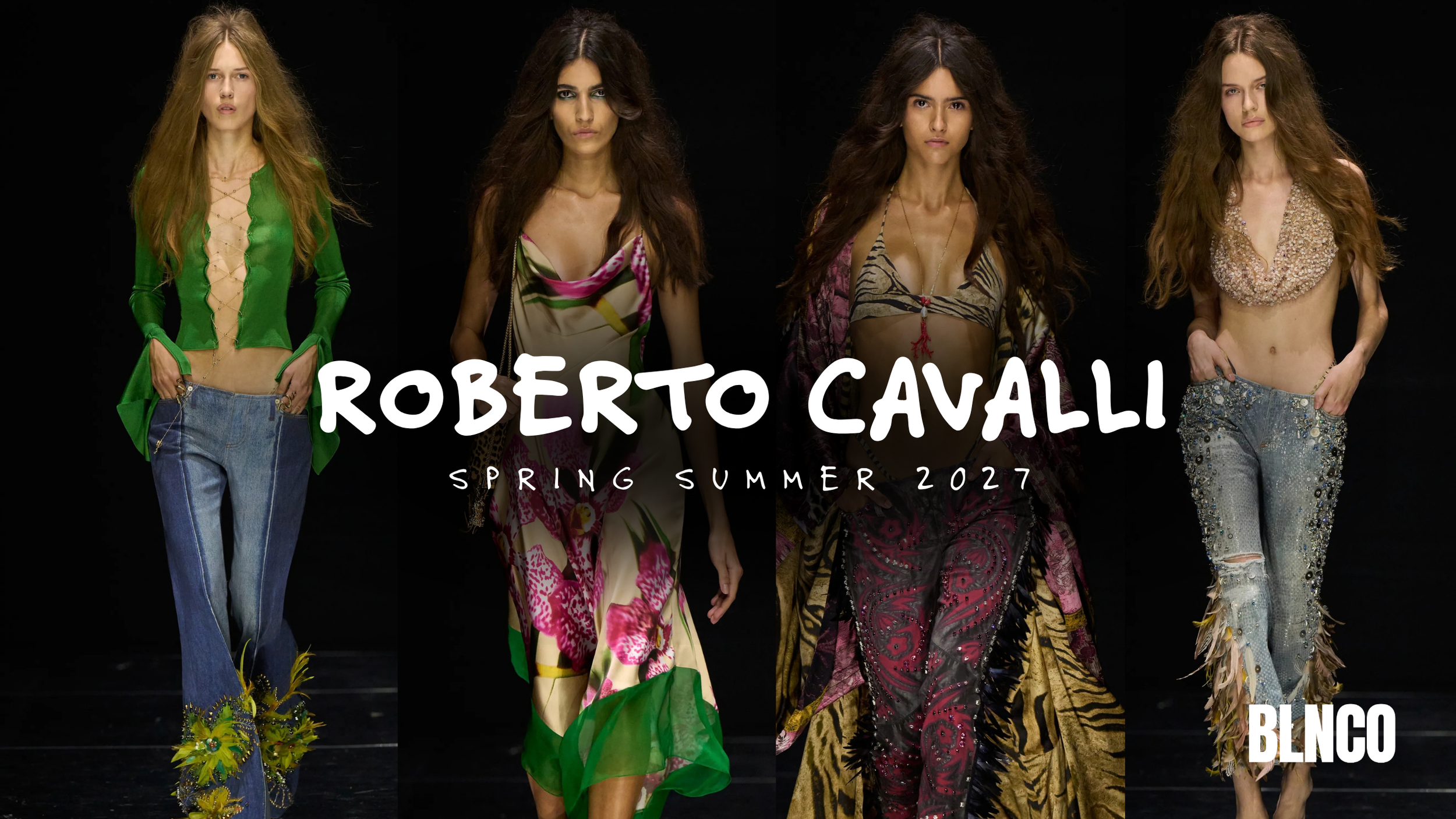 Roberto Cavalli Spring/Summer 2027 | Milan Fashion Week runway show by Fausto Puglisi, models in embellished flared jeans, orchid print slip dress, and animal print silk robe