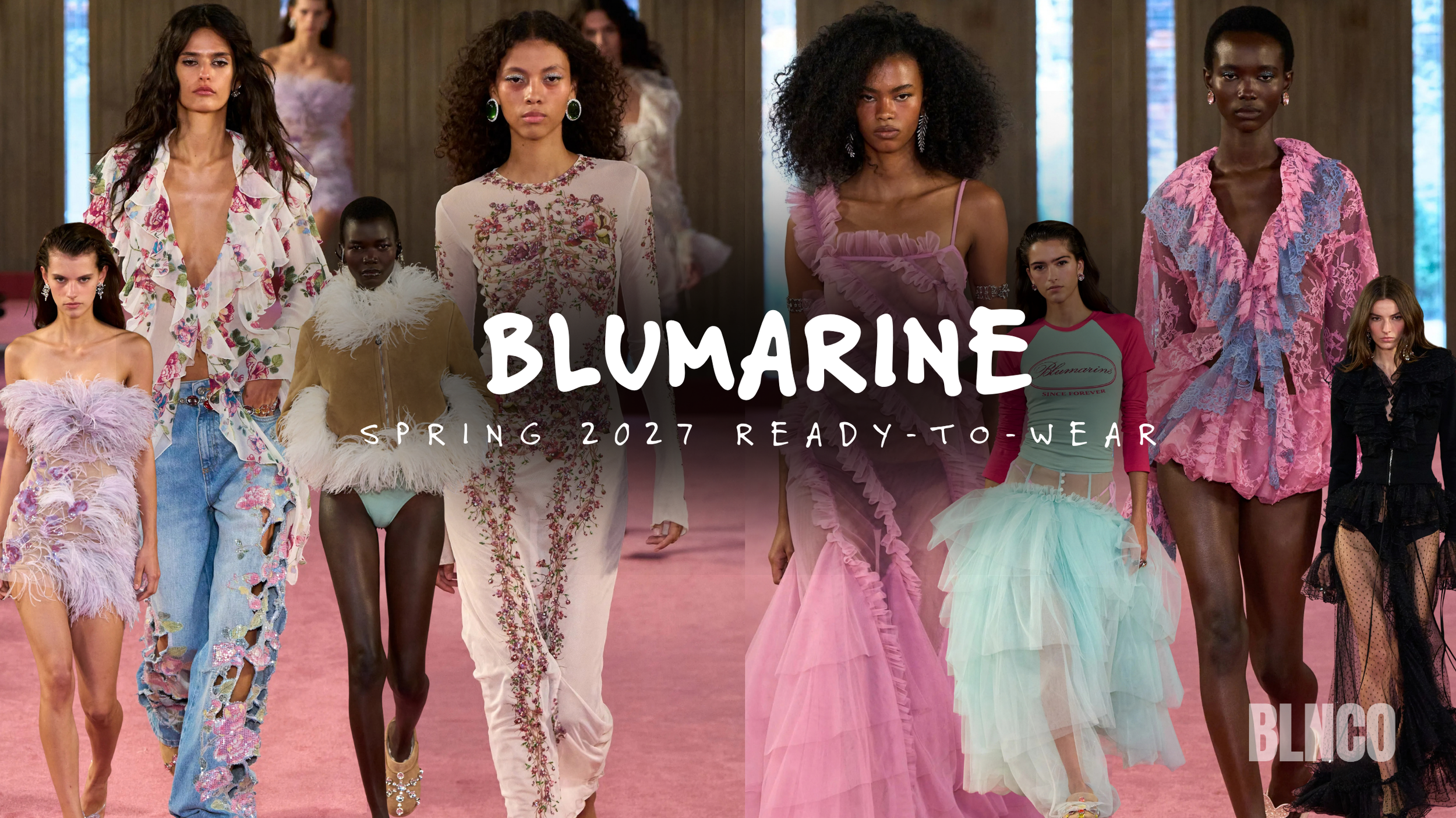 Blumarine Spring/Summer 2027 | Milan Fashion Week runway show by David Koma, models in pink ruffled tulle gowns and pastel tulle skirts with varsity tees