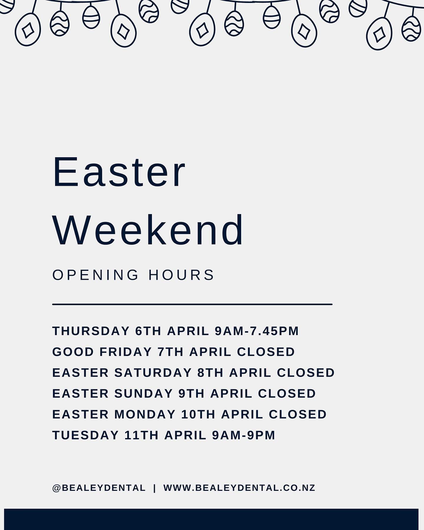 Kia ora whānau!

We will be closed over Easter to give our incredible staff a well deserved break! We will be back on Tuesday 11th April for all your dental needs.

If you have an emergency during this time, please call the hospital dental department