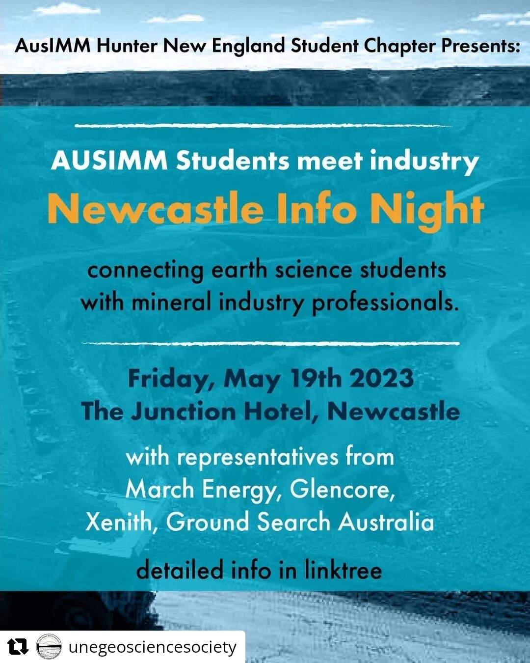 #Repost @unegeosciencesociety with @let.repost 
&bull; &bull; &bull; &bull; &bull; &bull;
AusIMM are hosting a students meet industry night in Newcastle, May 19th. It&rsquo;s a great way to hear directly from employers and start building a network wi