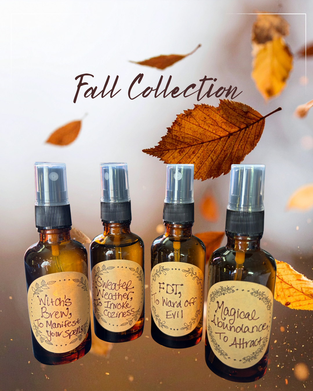 Four amber bottles of fall essential oil blends. Witch's Brew, Sweater Weather, FDT and Magical Abundance