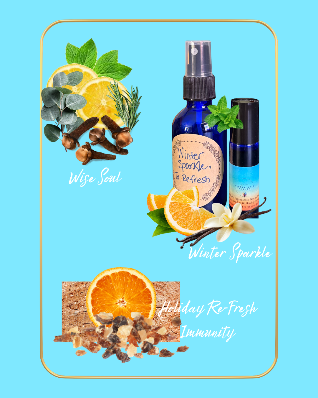 One blue essential oil bottle and one blue roller ball. Three winter essential oil blends. Photos of clove, lemon, rosemary and eucalyptus. Photos of orange, peppermint and vanilla. Photos of orange, cedarwood, frankincense and mrryh.