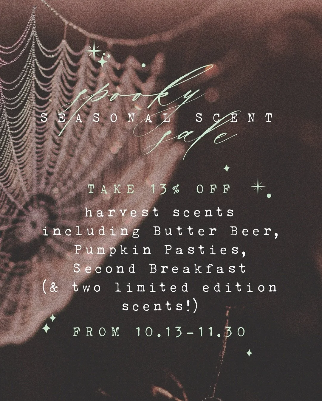Join us for a spooky seasonal sale from today 10.13-11.30 and take 13% off harvest scents!
Including a brand new fragrance in 6oz:
&ldquo;Poison Apple&rdquo; 🍎
NOTES: enchanted apple + hint of citric poison + illusory orchard + moss

&amp; a returni