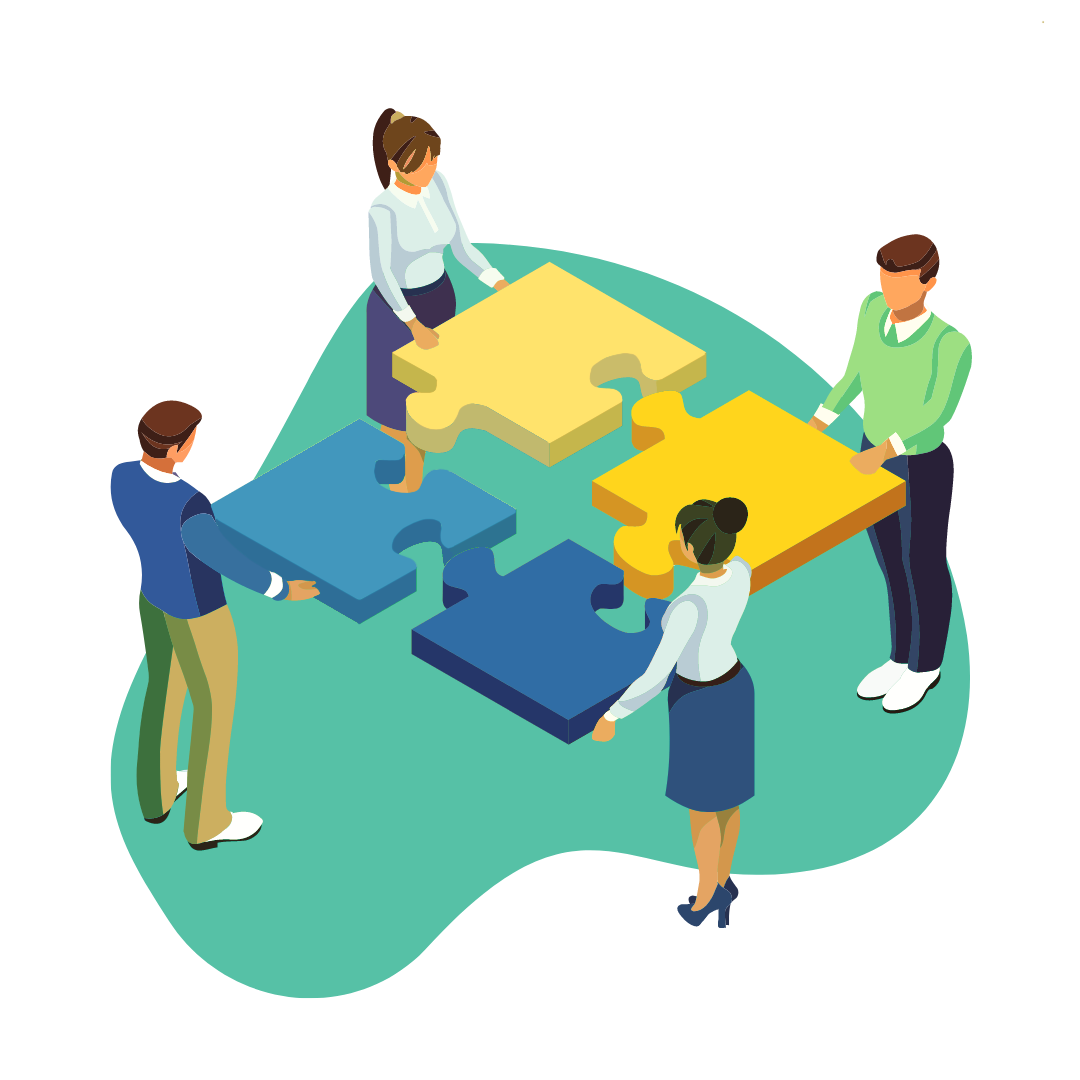 Illustration of a team collaborating to assemble interconnected puzzle pieces, each holding a different piece, representing cognitive diversity, inclusion of different perspectives, and collective problem-solving in organizations.