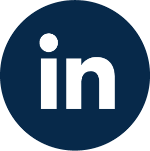 LinkedIn logo with white letters 'in' on a dark blue circular background.