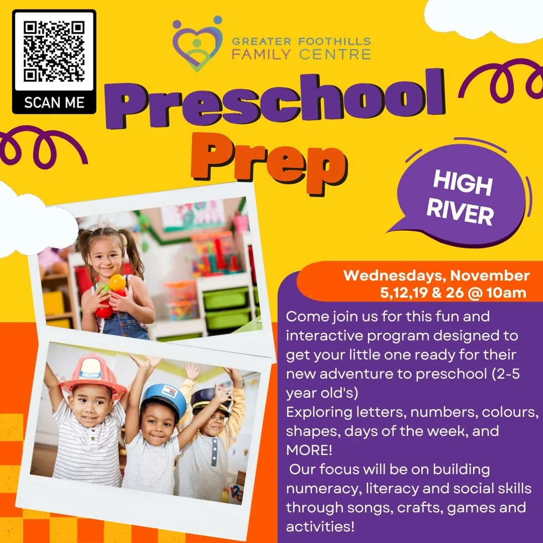Register for Preschool Prep and Wee Imagine in High River this November :) For fast and easy registration go to www.greaterfoothillsfamilycentre.ca 🤩

We are OPEN for Stay &amp; Play today from 9-11:30am in High River

Little Chefs this afternoon at