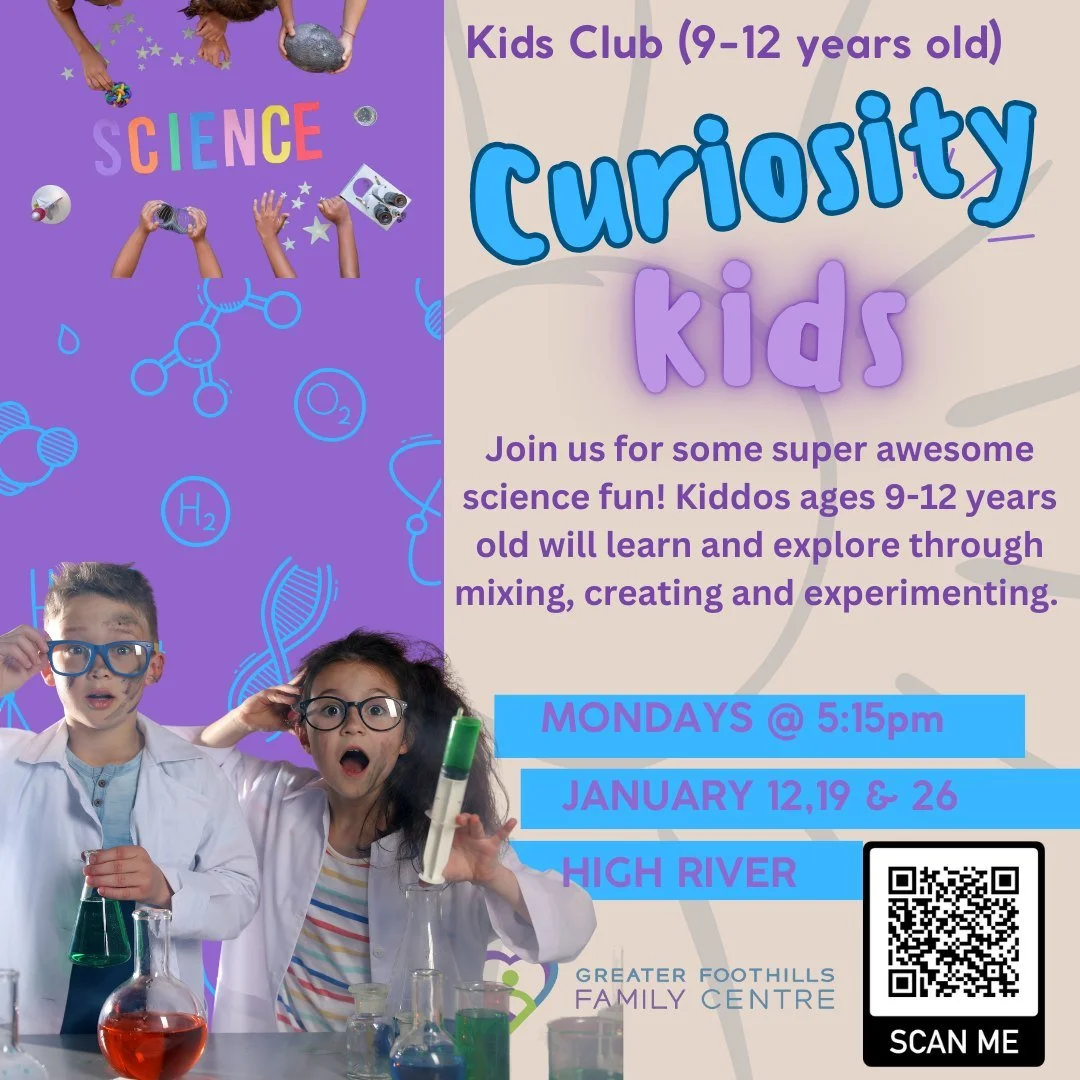 Check out these great programs for school-age kiddos, JR. Kids Club - Mix &amp; Match (6-8 year old's) and Kids Club - Curiosity Kids (9-12 year old's)  To register, just click on this link https://www.greaterfoothillsfamilycentre.ca/registration-3 
