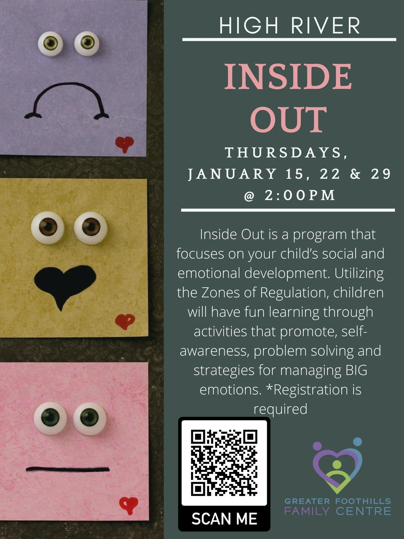 Want to join a class where your child learns all about their emotions through fun activities?  Sign up for our Inside Out program.  To register, just click on this link https://www.greaterfoothillsfamilycentre.ca/registration-3 If you have any questi