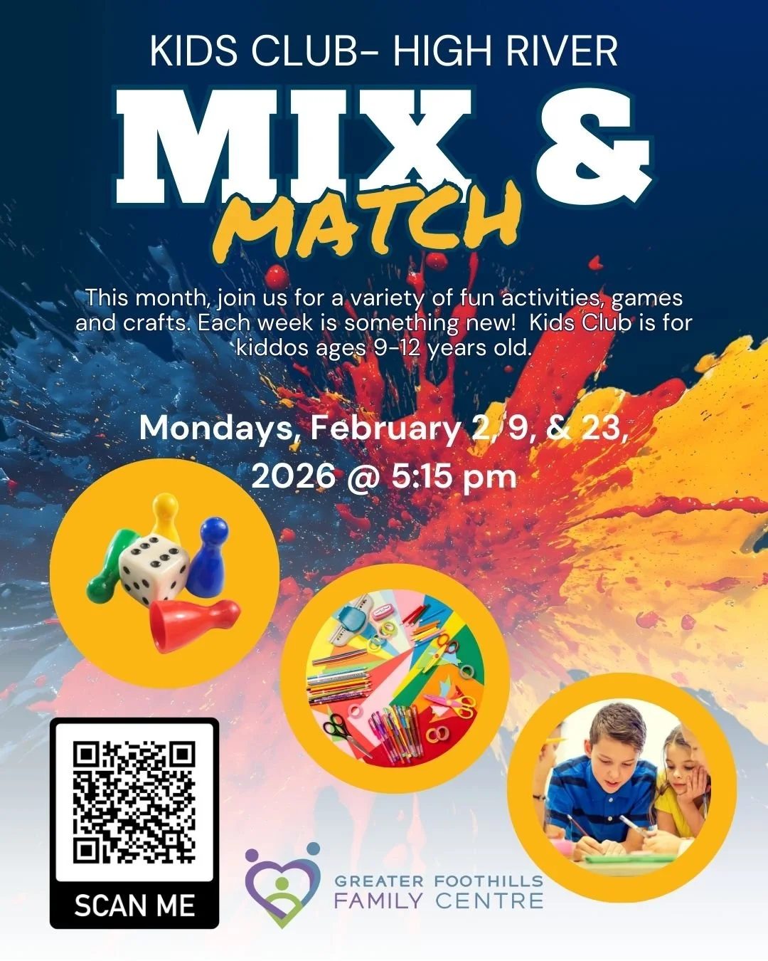 We have some spaces for our Kids Club: Mix &amp; Match program :) You can register on our website at www.greaterfoothillsfamilycentre.ca or scan the QR code :)
