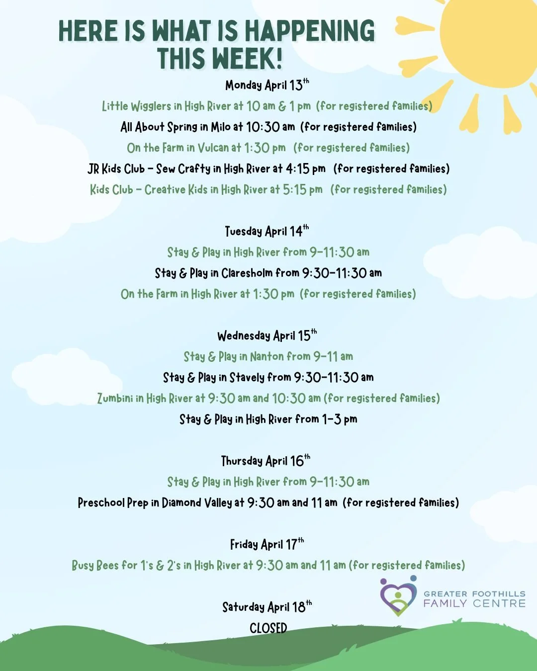 Check out what we are up to this week!!
#greaterfoothillsfamilycentre #families #parentchildclasses