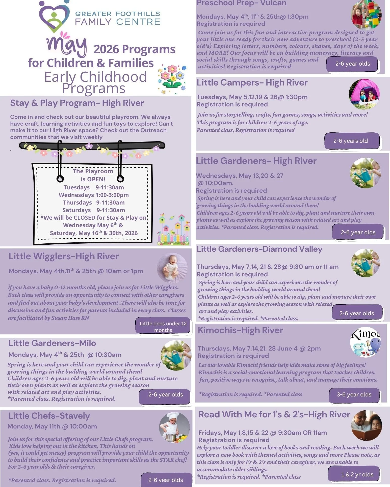Our May programs will be starting soon!  Check out our website to see what programs still have space and to register... https://www.greaterfoothillsfamilycentre.ca/registration-3

#greaterfoothillsfamilycentre #families #parentchildclasses
