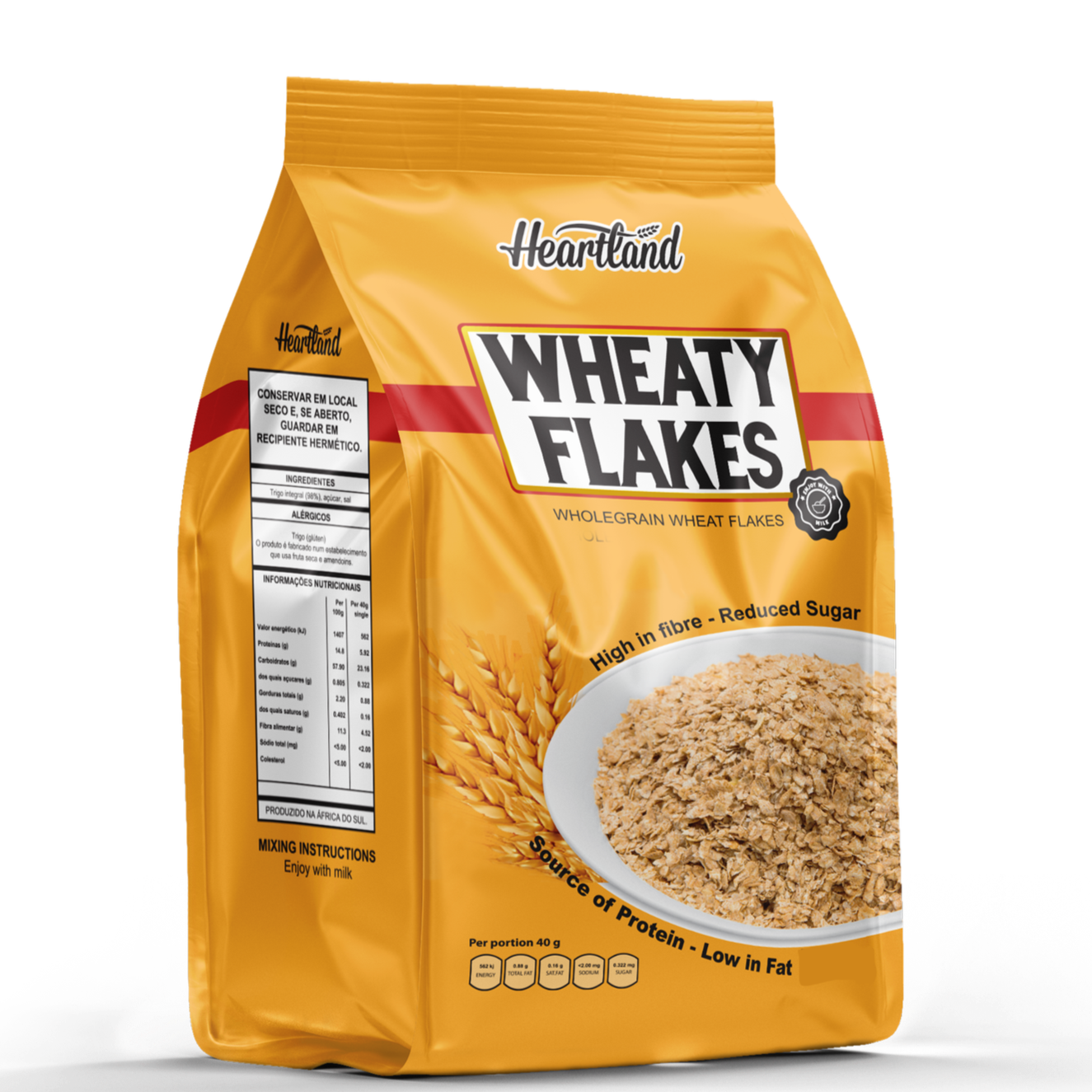 Yellow bag of Heartland wheaty flakes, wholegrain wheat flakes cereal with high fiber, reduced sugar, source of protein, low in fat, featuring a bowl of cereal with wheat grains in the background.