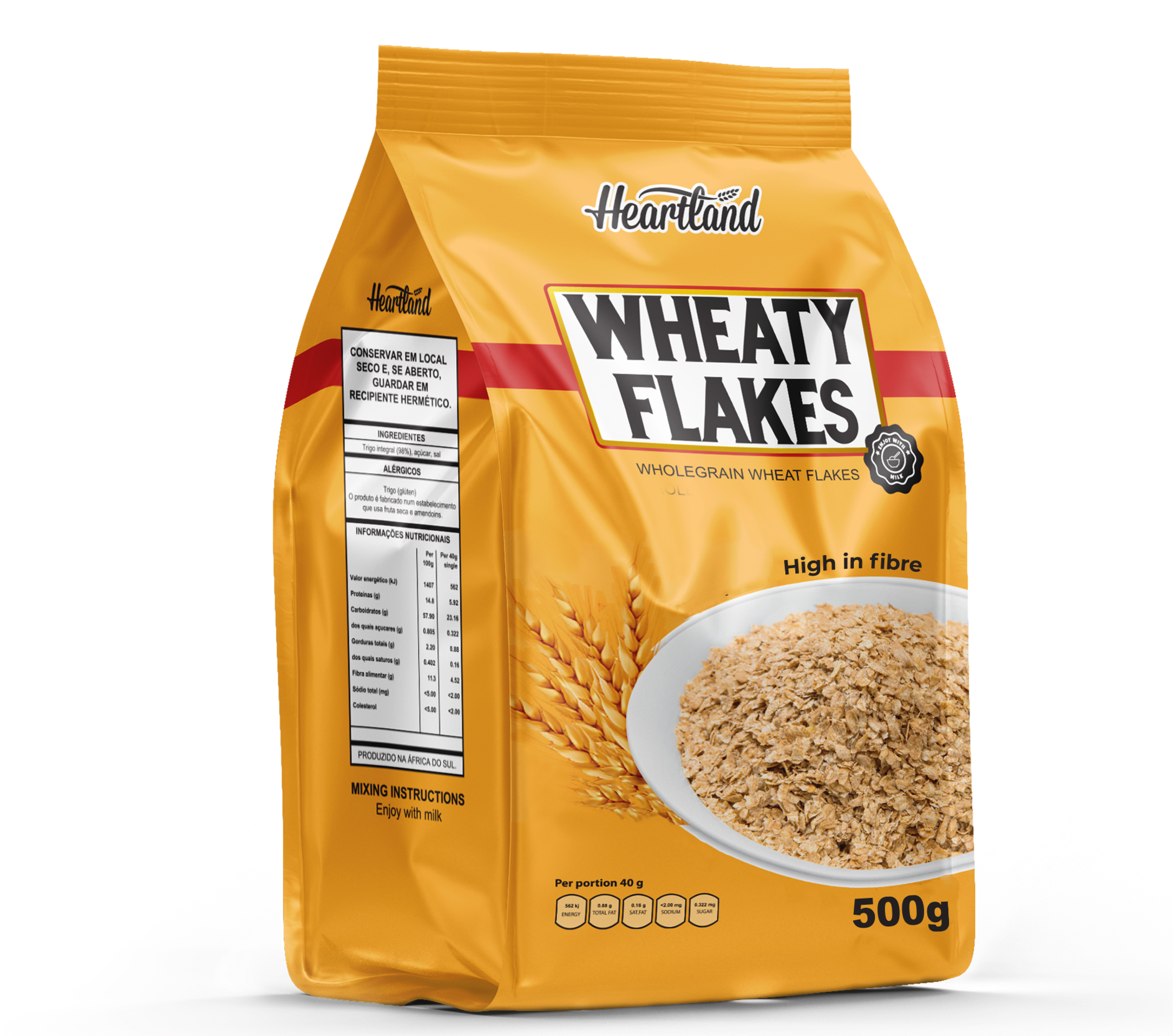 Yellow bag of Heartland Wheaty Flakes wholegrain wheat flakes, labeled high in fiber, with a bowl of cereal on the front, showing 500 grams weight.