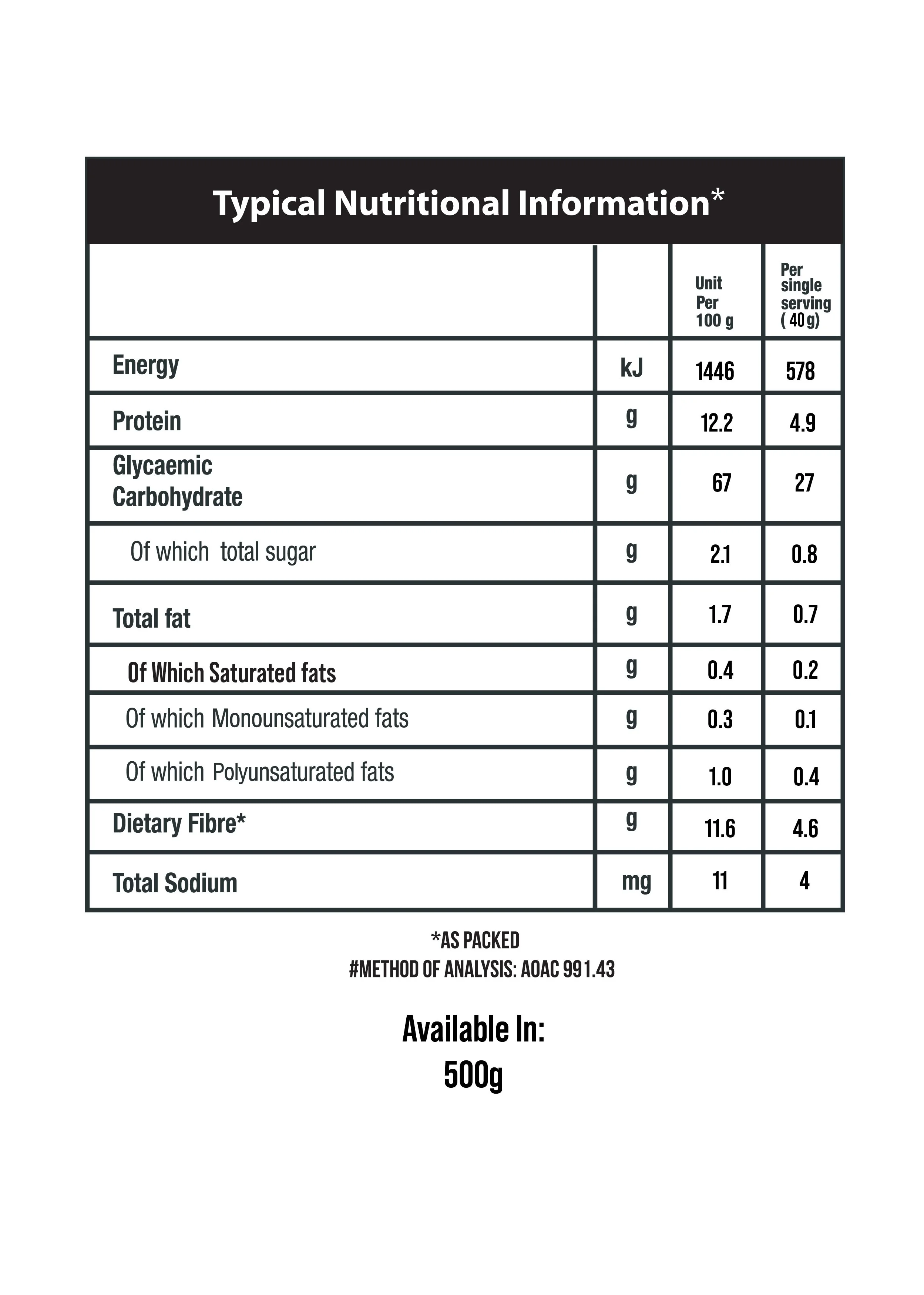 Nutrition facts label showing energy, protein, carbohydrate, sugar, fats, dietary fiber, and sodium content for a 500g food product.