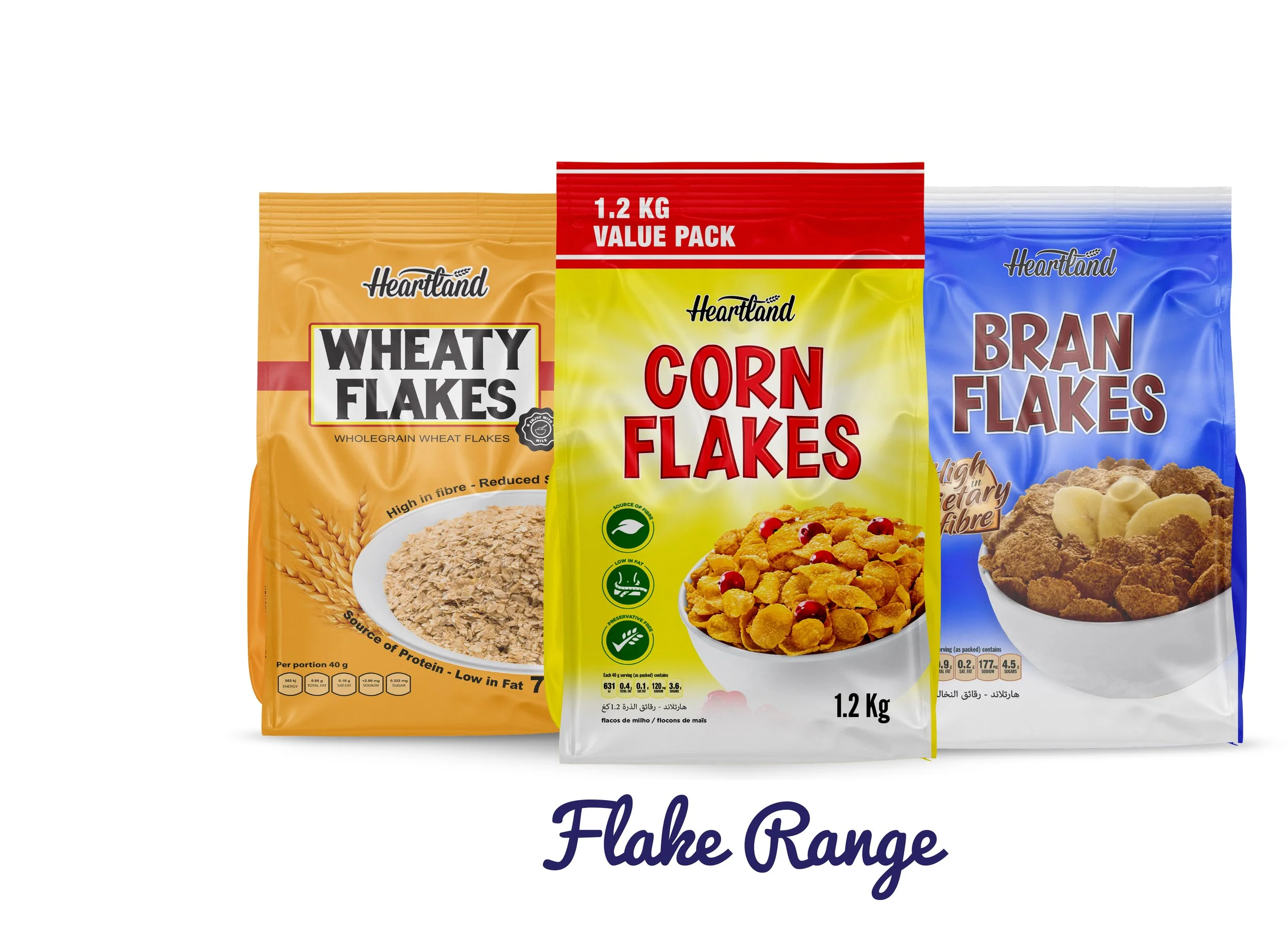 Three cereal snack packages labeled Wheaty Flakes, Corn Flakes, and Bran Flakes from Heartland, arranged in a row, with the words Flake Range written below.