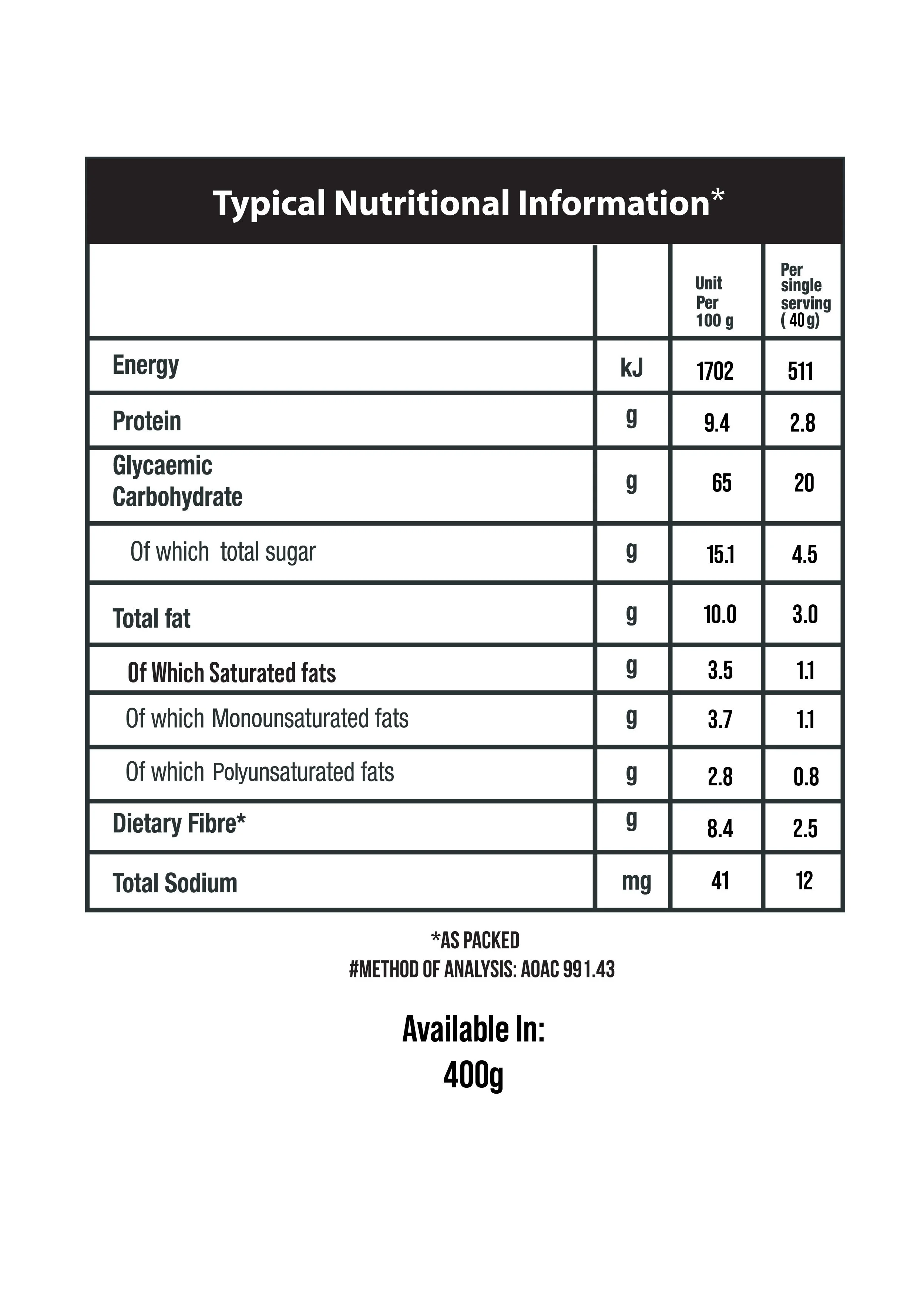 Nutritional information label for a food product, showing values per 100g and per 40g serving, including energy, protein, carbohydrates, sugars, fats, saturated fats, monounsaturated fats, polyunsaturated fats, dietary fiber, and sodium, with a note 