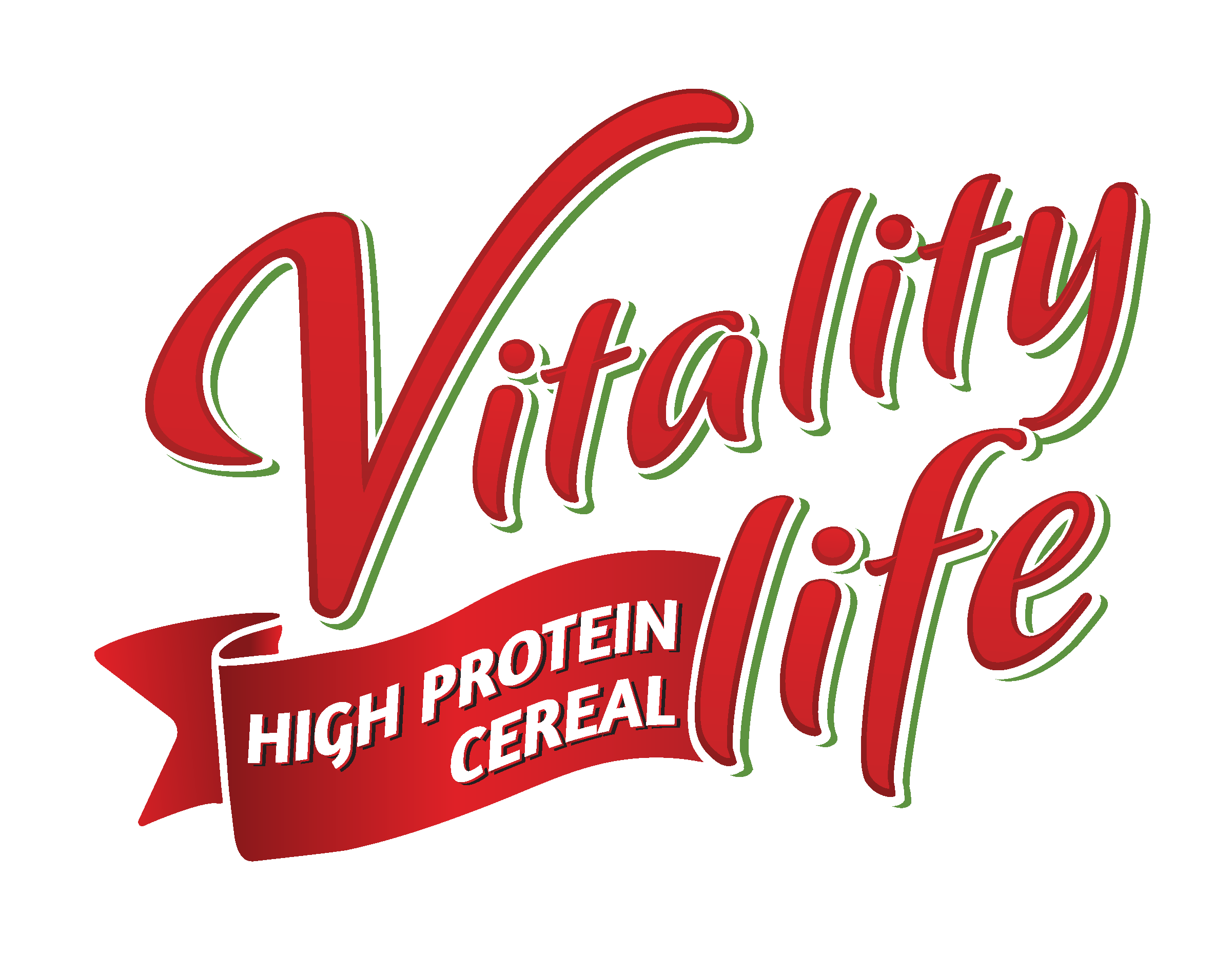Label for vitality high protein cereal with bold red and green text reading 'Vitality' and a red banner with white text 'High Protein Cereal'.