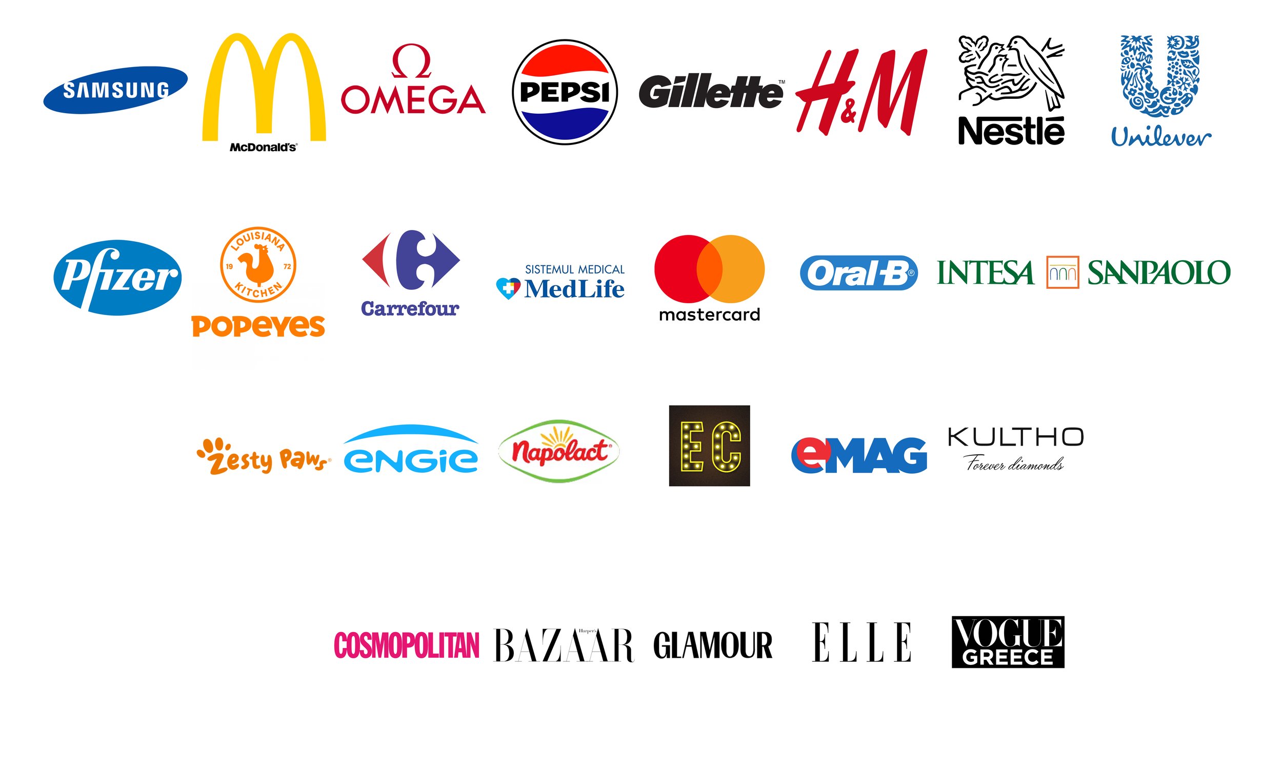 A collection of logos of well-known companies, media outlets, and brands arranged in rows.