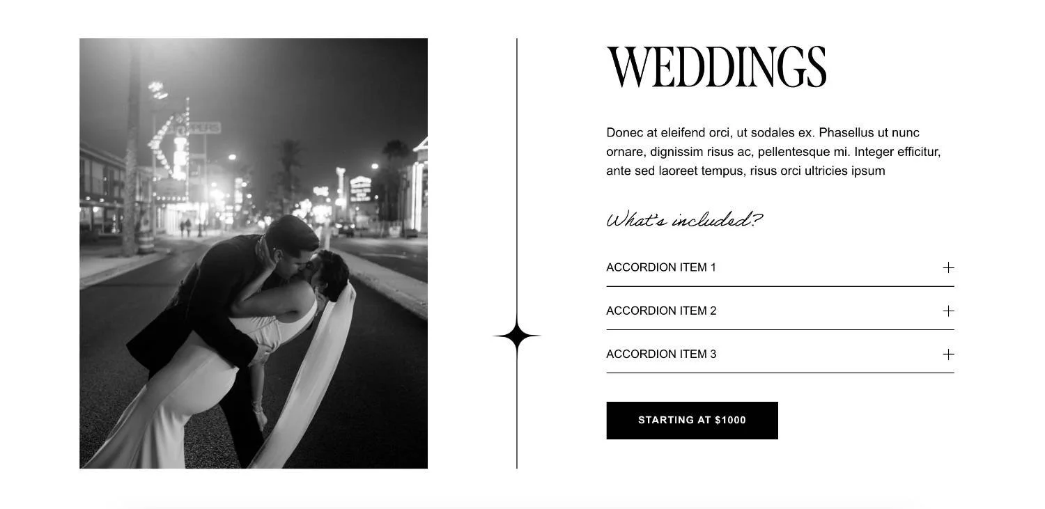 Services details section in the Nyx Squarespace Template by Big Cat Creative