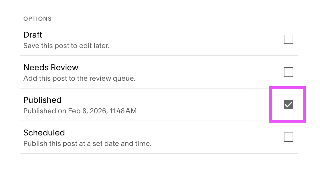 set a blog post to public in Squarespace