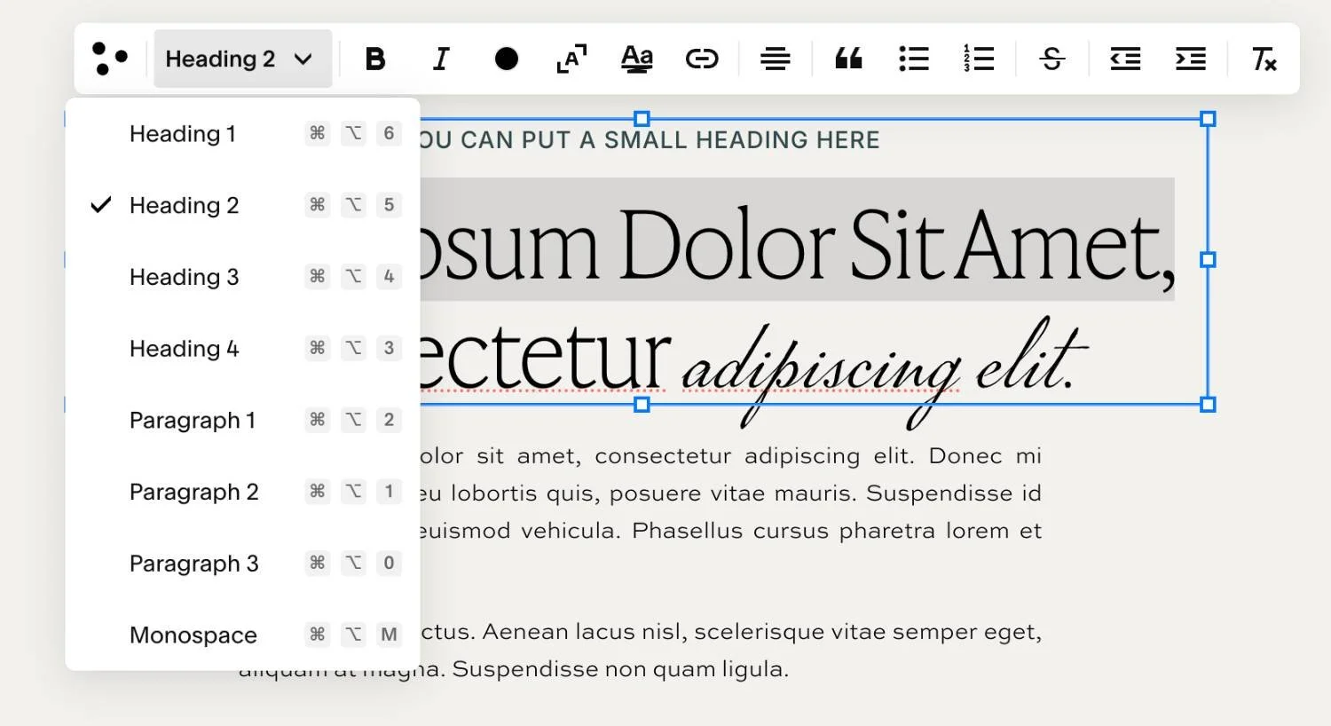 headings options in Squarespace