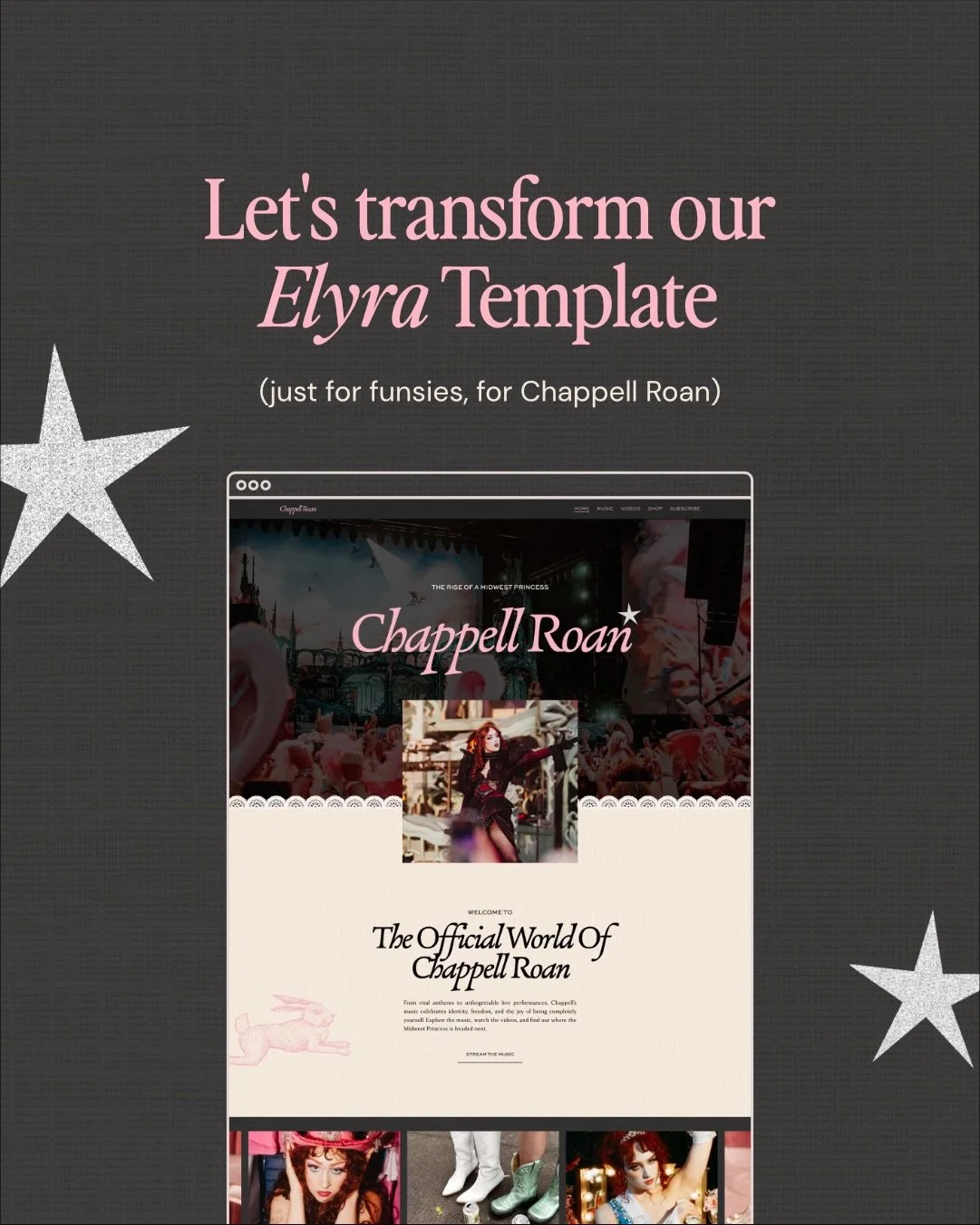 ICYMI, we redesigned our new Elyra template to channel the legendary @chappellroan . This redesign was eclectic, fun and a little bit medieval 🏰 showing just how versatile our templates can be!

We filmed the entire transformation in a Design With M