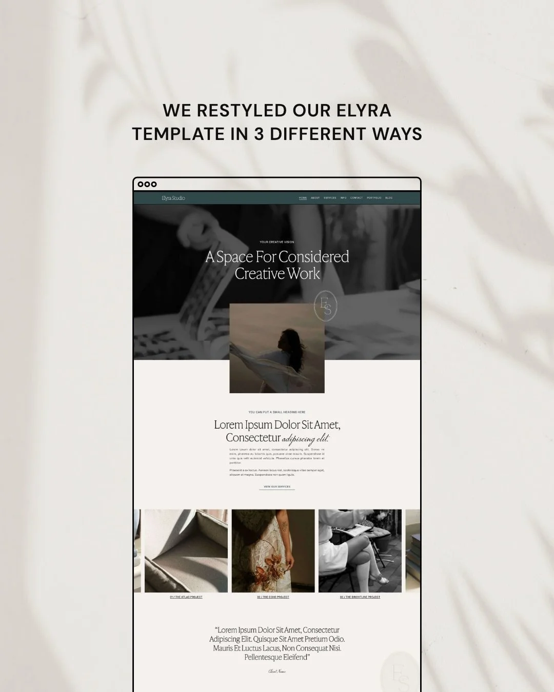 Same template, three totally different personalities ✨
&nbsp;
We took our Elyra Squarespace template and restyled her in three different ways to show just how much you can make a template feel like you.
&nbsp;
She can be soft and considered.
She can 