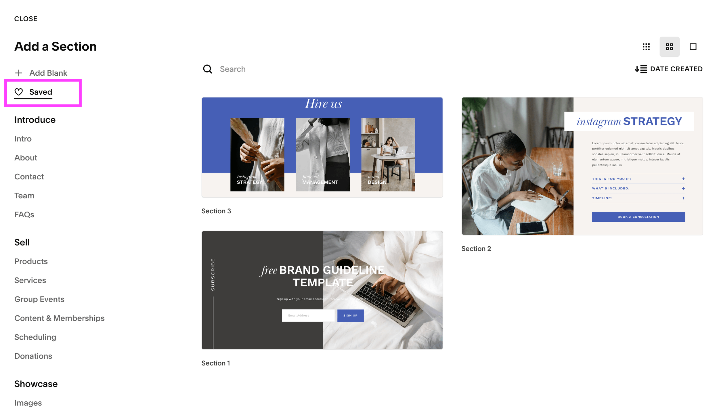Squarespace saved sections