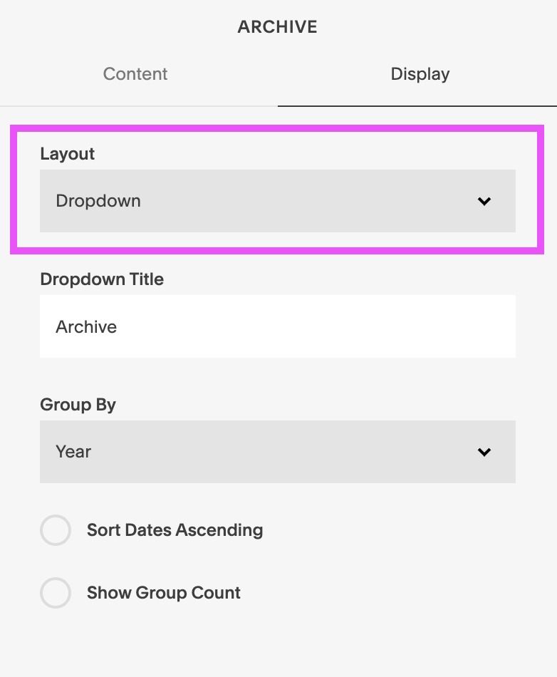 configuring the archive block in squarespace
