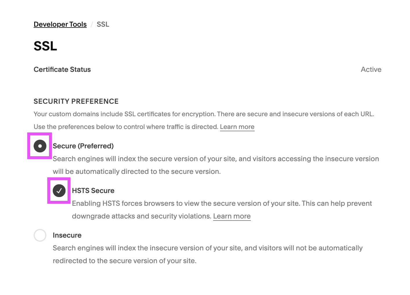 Enable Secure and HSTS Secure settings on your Squarespace site