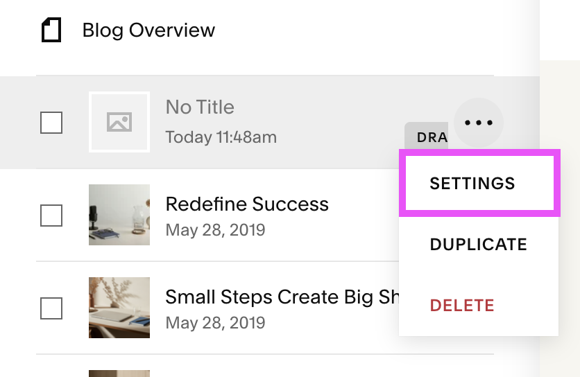 access blog post settings in Squarespace