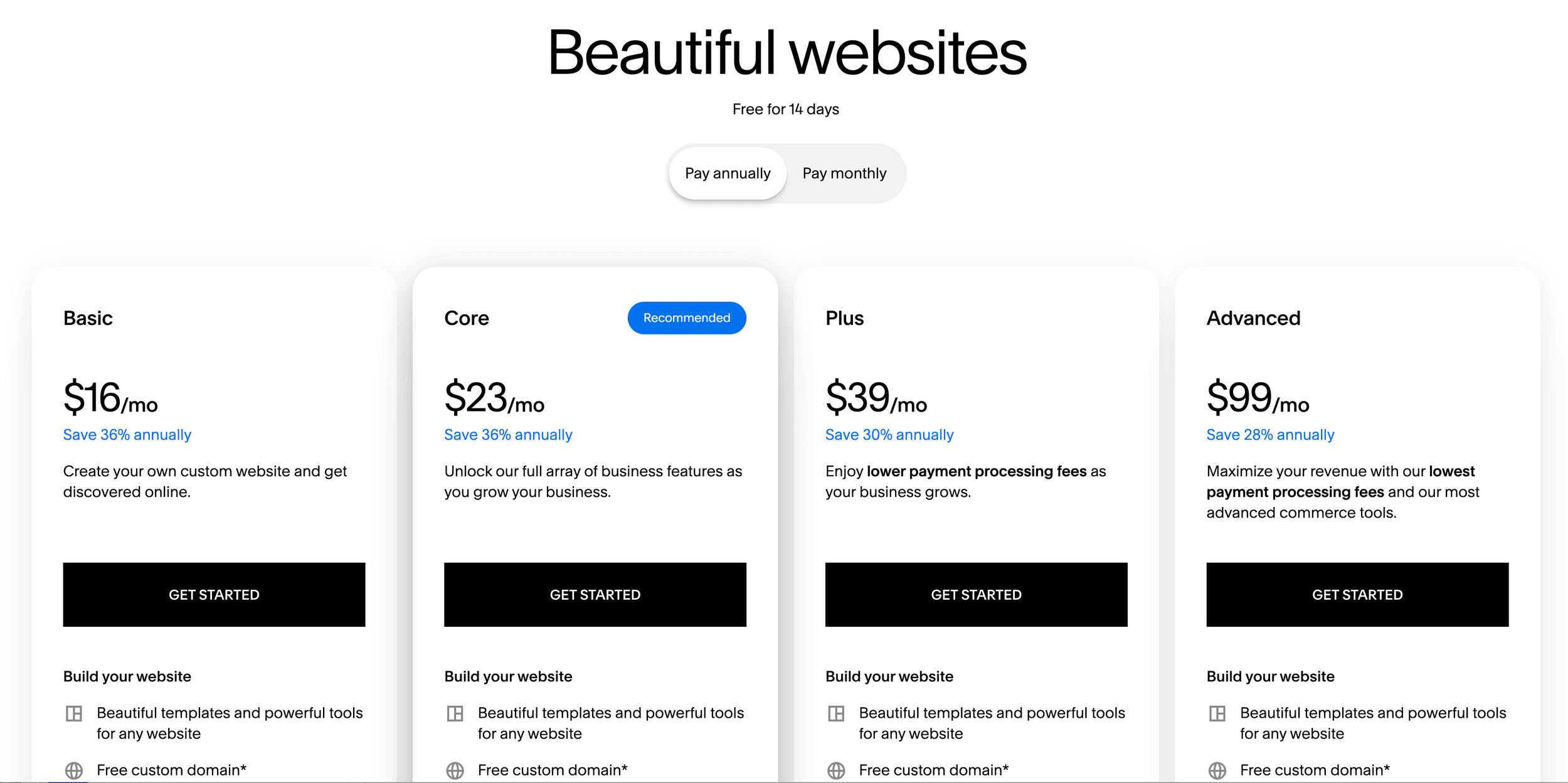 Squarespace pricing table