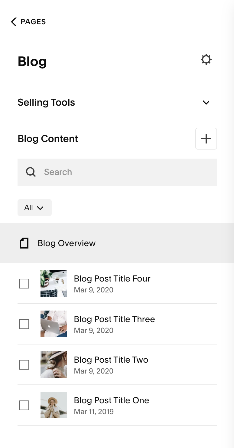 blog panel in Squarespace