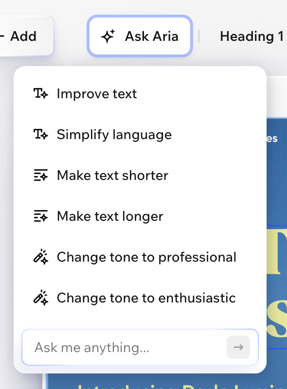 Wix Ask Aria AI features