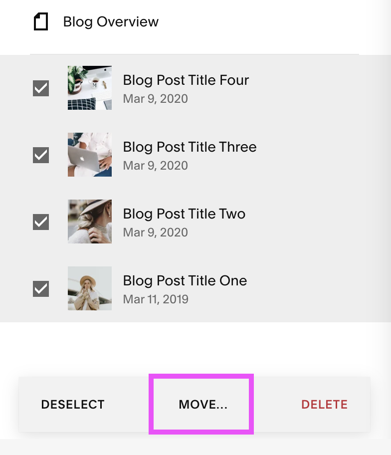 Moving selected blog posts in Squarespace