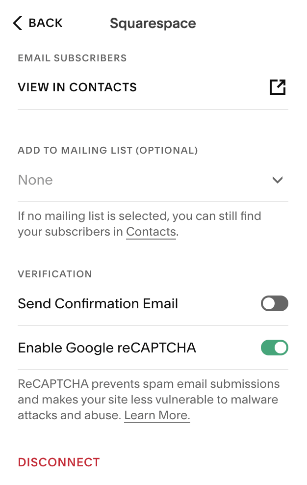 Storing newsletter block contacts in Squarespace with Squarespace email campaigns
